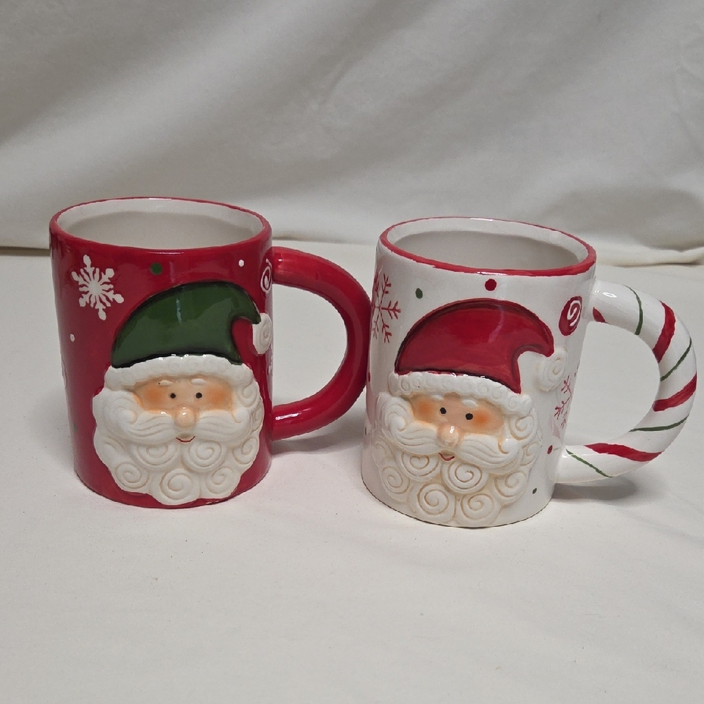 50% Off All Christmas!!  Pair of Santa Claus Ceramic Mugs - Red and White